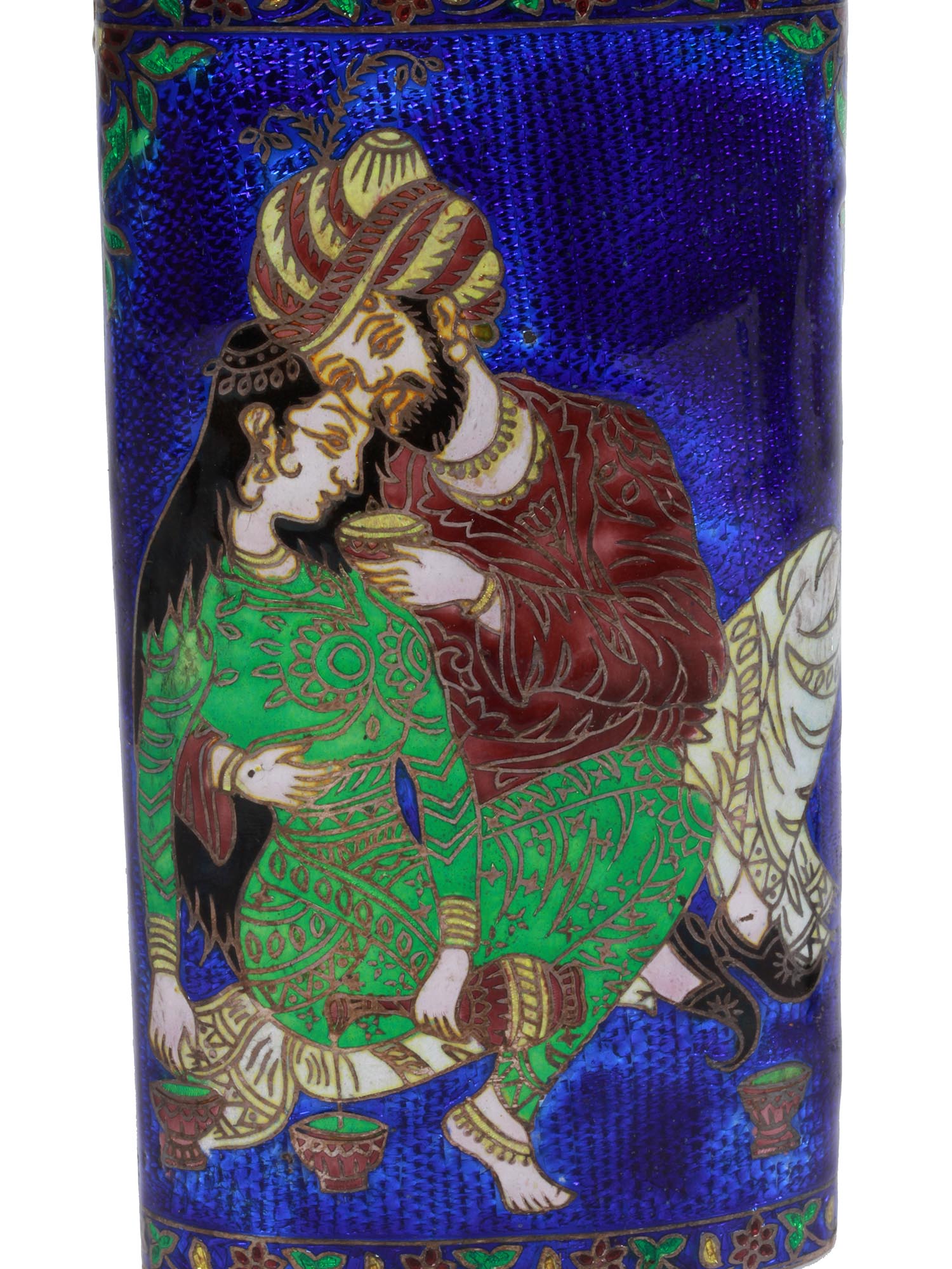 INDIAN SILVER AND ENAMEL FLASK W COURTING SCENE PIC-7